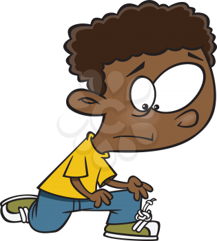 Royalty Free Clipart Image of a Boy With a Knot in His Shoe