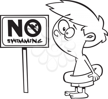 Royalty Free Clipart Image of a Boy Looking at a No Swimming Sign