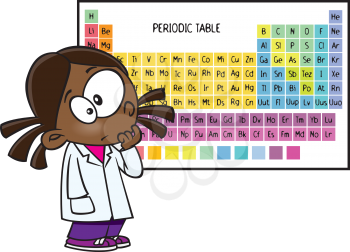Royalty Free Clipart Image of a Girl in Front of a Periodic Table
