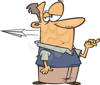Royalty Free Clipart Image of a Man Holding Chalk While a Paper Airplane Flies Past His Head