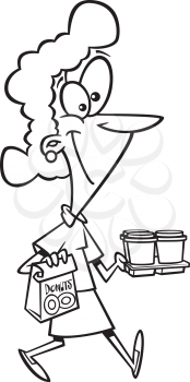 Royalty Free Clipart Image of a Woman With Doughnuts and Coffee