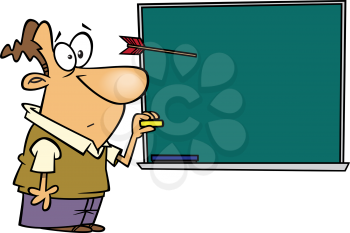 Royalty Free Clipart Image of an Arrow in a Chalkboard Beside a Teacher
