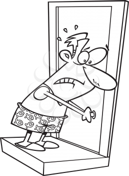 Royalty Free Clipart Image of a Man in Boxers Locked Out of His House