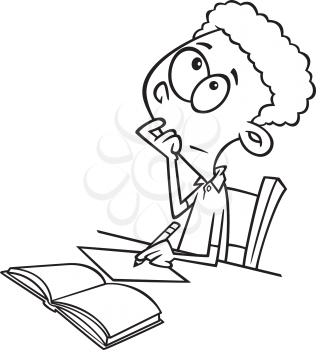 Royalty Free Clipart Image of a Boy Thinking While Doing Homework
