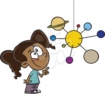 Royalty Free Clipart Image of a Girl Looking at a Solar System Mobile