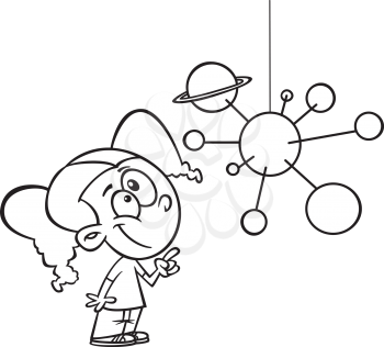 Royalty Free Clipart Image of a Colouring Page of a Girl Looking at a Solar System Mobile