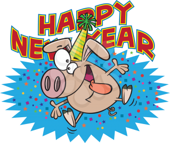 Royalty Free Clipart Image of a Pig Celebrating the New Year