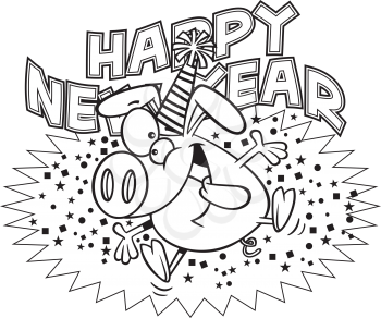 Royalty Free Clipart Image of a Pig Celebrating New Year's Eve