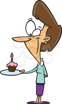 Royalty Free Clipart Image of a Woman Holding a Birthday Cupcake