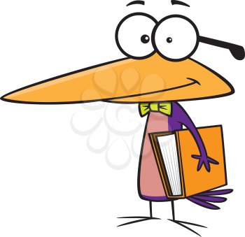 Royalty Free Clipart Image of a Bird Wearing Glasses and Holding a Book