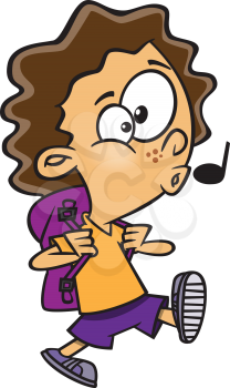 Royalty Free Clipart Image of a Boy With a Backpack Walking and Whistling
