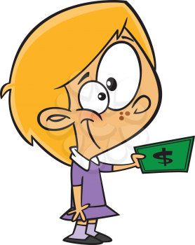 Royalty Free Clipart Image of a Girl Holding a Dollar Bill