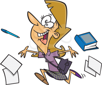 Royalty Free Clipart Image of a Happy Woman Running out of Work