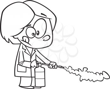 Royalty Free Clipart Image of a Girl in a Lab Coat Using an Extinguisher