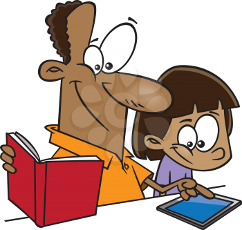 Royalty Free Clipart Image of a Man Teaching a Child Using a Tablet and Book