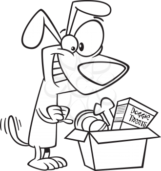 Royalty Free Clipart Image of a Dog Opening a Box of Treats
