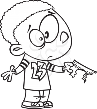 Royalty Free Clipart Image of a Boy Holding Chewed Homework