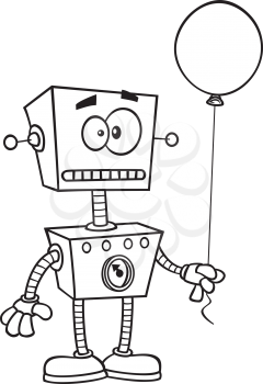 Royalty Free Clipart Image of a Robot Holding a Balloon