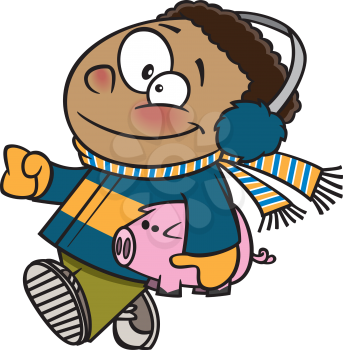 Royalty Free Clipart Image of a Boy Dressed in Winter Clothes Walking and Carrying a Piggy Bank Under His Arm