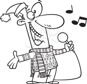 Royalty Free Clipart Image of a Man Singing Karaoke in a Christmas Hat and Sweater