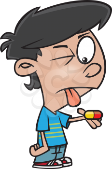 Royalty Free Clipart Image of a Boy Holding a Pill and Making a Face