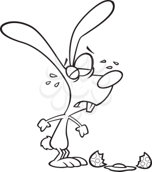 Royalty Free Clipart Image of the Easter Bunny Crying Over a Broken Egg