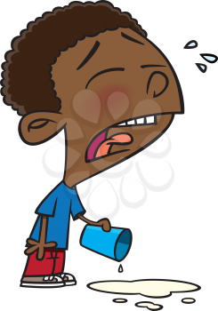 Royalty Free Clipart Image of a Little Boy Crying Over Spilled Milk