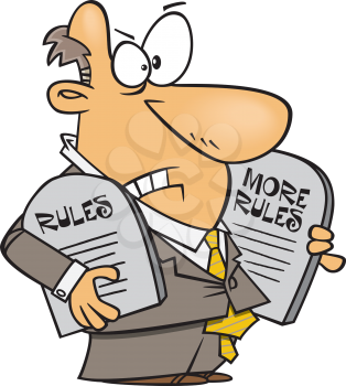 Royalty Free Clipart Image of a Man Carrying Tablets With Rules on Them