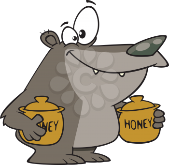Royalty Free Clipart Image of a Bear Holding Pots of Honey