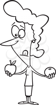 Royalty Free Clipart Image of a Woman Holding an Apple and an Orange