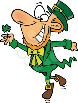 Royalty Free Clipart Image of a Leprechaun Holding a Four Leaf Clover