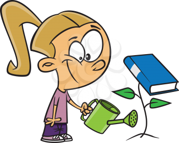 Royalty Free Clipart Image of a Girl Watering a Book Plant