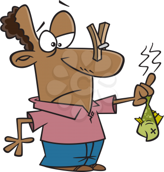 Royalty Free Clipart Image of a Man Holding a Stinky Fish