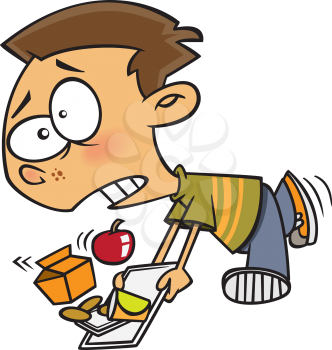 Clipart image of a boy tripping and falling while carrying his lunch