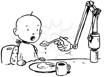Royalty Free Clipart Image of a Robotic Arm Feeding a Baby