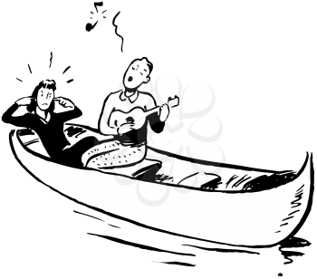 Royalty Free Clipart Image of a Man Singing to a Girl in a Canoe