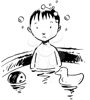 Royalty Free Clipart Image of a Child Having a Bath With His Rubber Duck