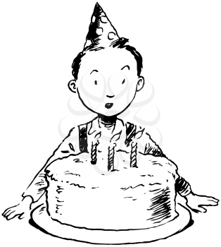 Royalty Free Clipart Image of a Birthday Boy and His Cake