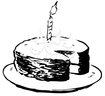Royalty Free Clipart Image of a Birthday Cake With a Slice Gone