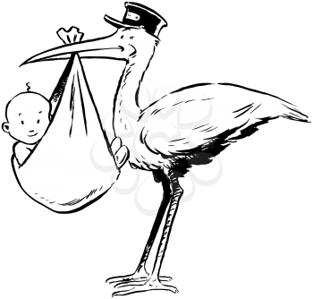 Royalty Free Clipart Image of a Stork Holding a Baby