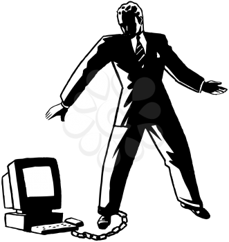 Royalty Free Clipart Image of a Man With a Computer Chained to His Leg