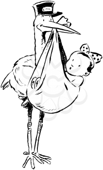 Royalty Free Clipart Imge of a Stork With a Baby Girl