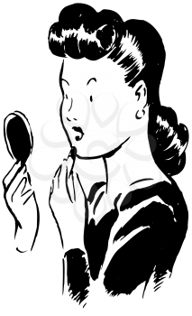Royalty Free Clipart Image of a Woman Using a Handheld Mirror to Help Her Apply Lipstick