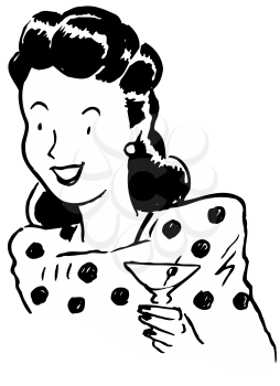 Royalty Free Clipart Image of a Woman in a Polkadot Dress Holding a Martini