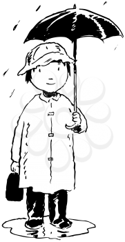Royalty Free Clipart Image of a Girl With an Umbrella on a Rainy Day