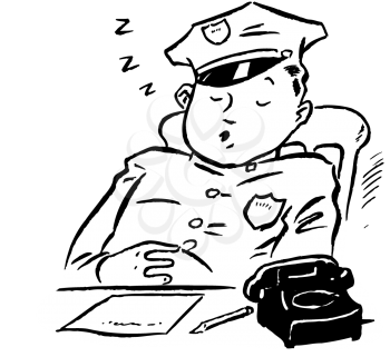 Royalty Free Clipart Image of a Cop Asleep at the Desk