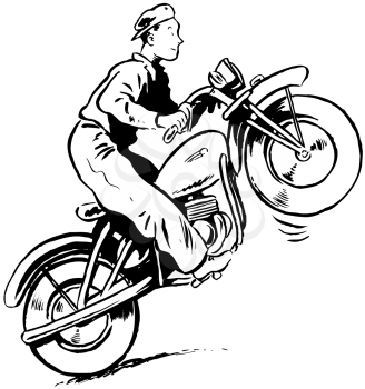 Royalty Free Clipart Image of a Kid on a Motorcyle Doing a Wheelie