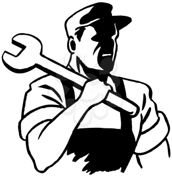 Royalty Free Clipart Image of a Worker With a Big Wrench Over His Shoulder