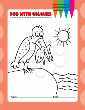 Royalty Free Clipart Image of a Colouring Page With a Bird Holding a Fish in Its Beak