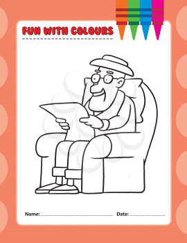 Royalty Free Clipart Image of a Colouring Page of an Old Man Reading